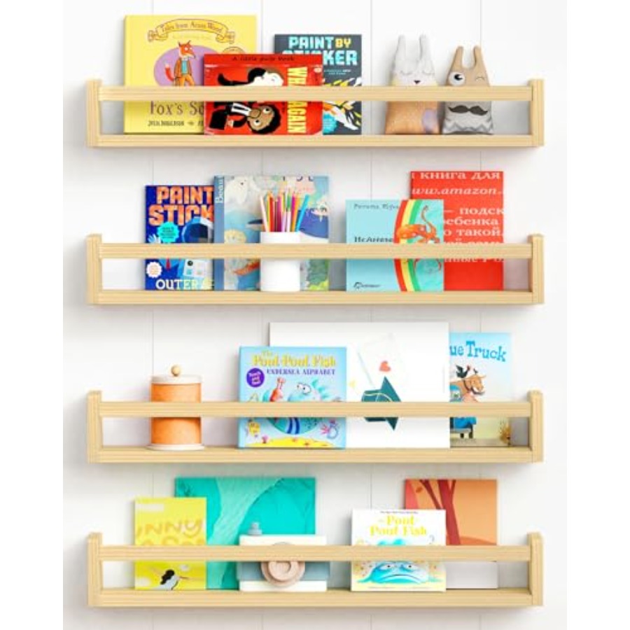 Baby Nursery Bookcase - Natural Wood Nursery Bookshelves for Wall,