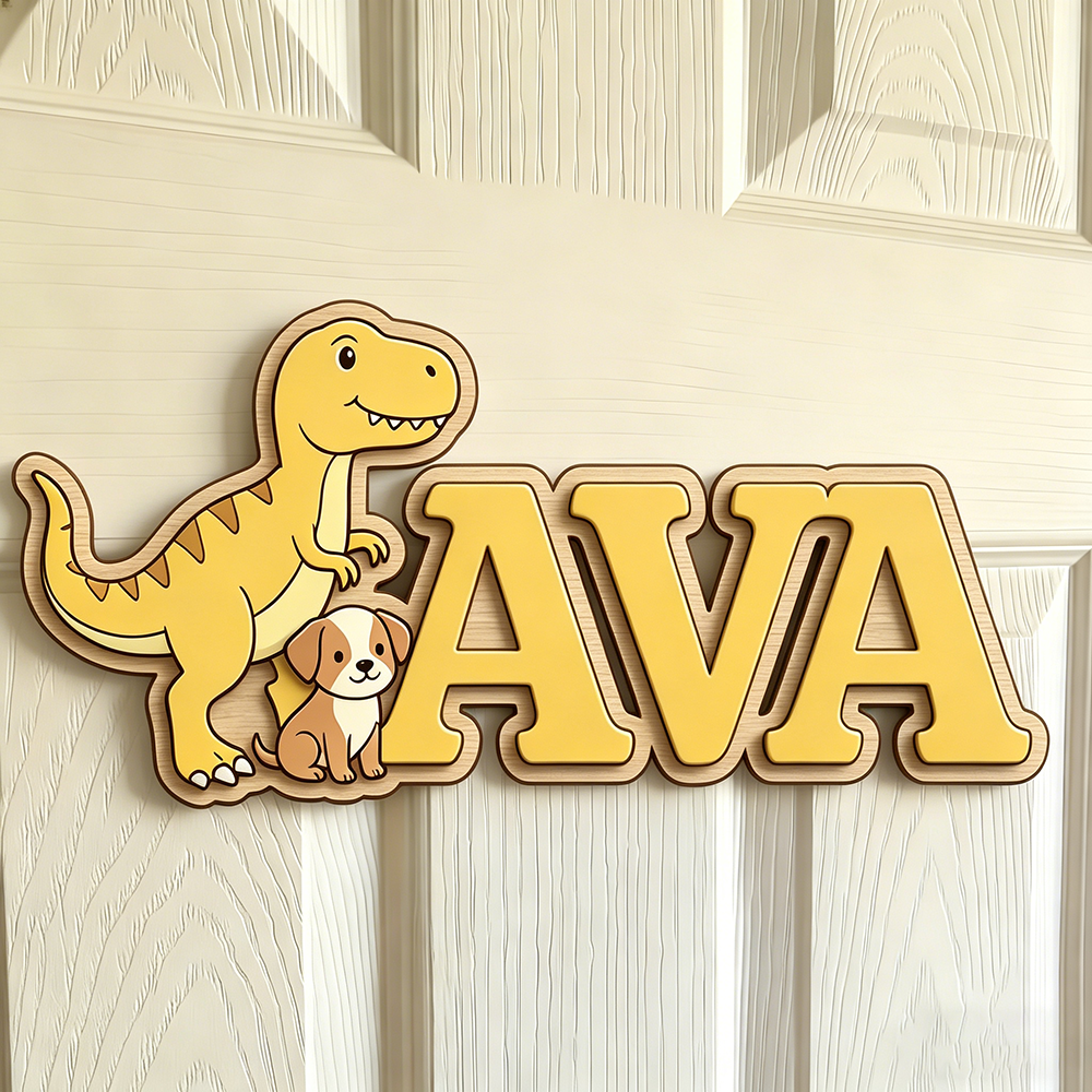 Baby Nursery Neutral - Custom T-Rex & Puppy Kids Name