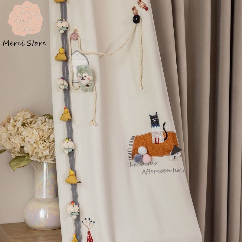 Cat Star Cartoon Embroidery Cu - Baby Nursery Curtains ulasan dan harga