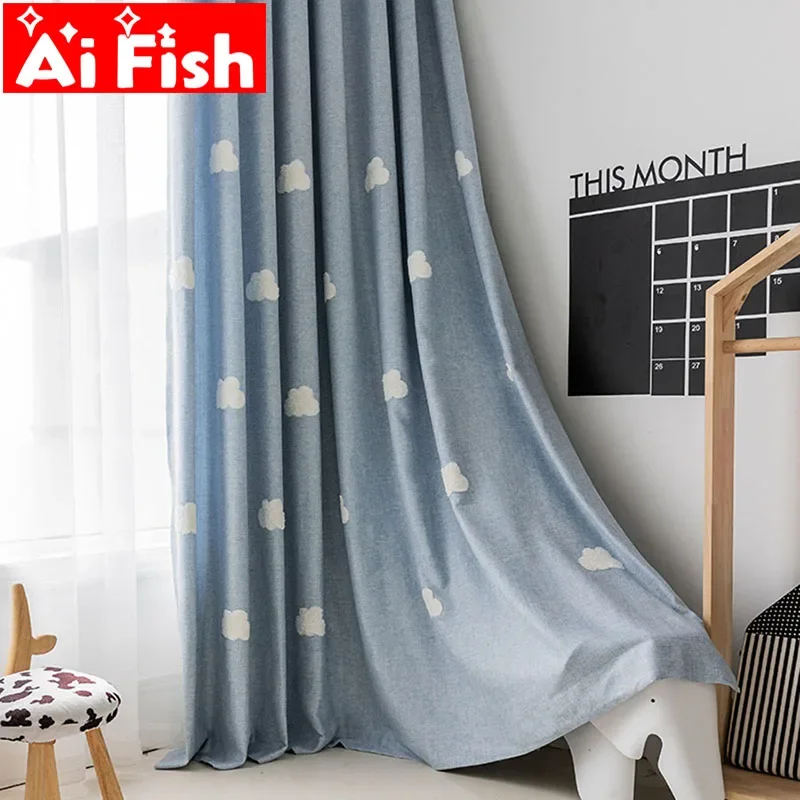 Embroidered Cloud Blue Curtain - Baby Nursery Curtains ulasan dan harga