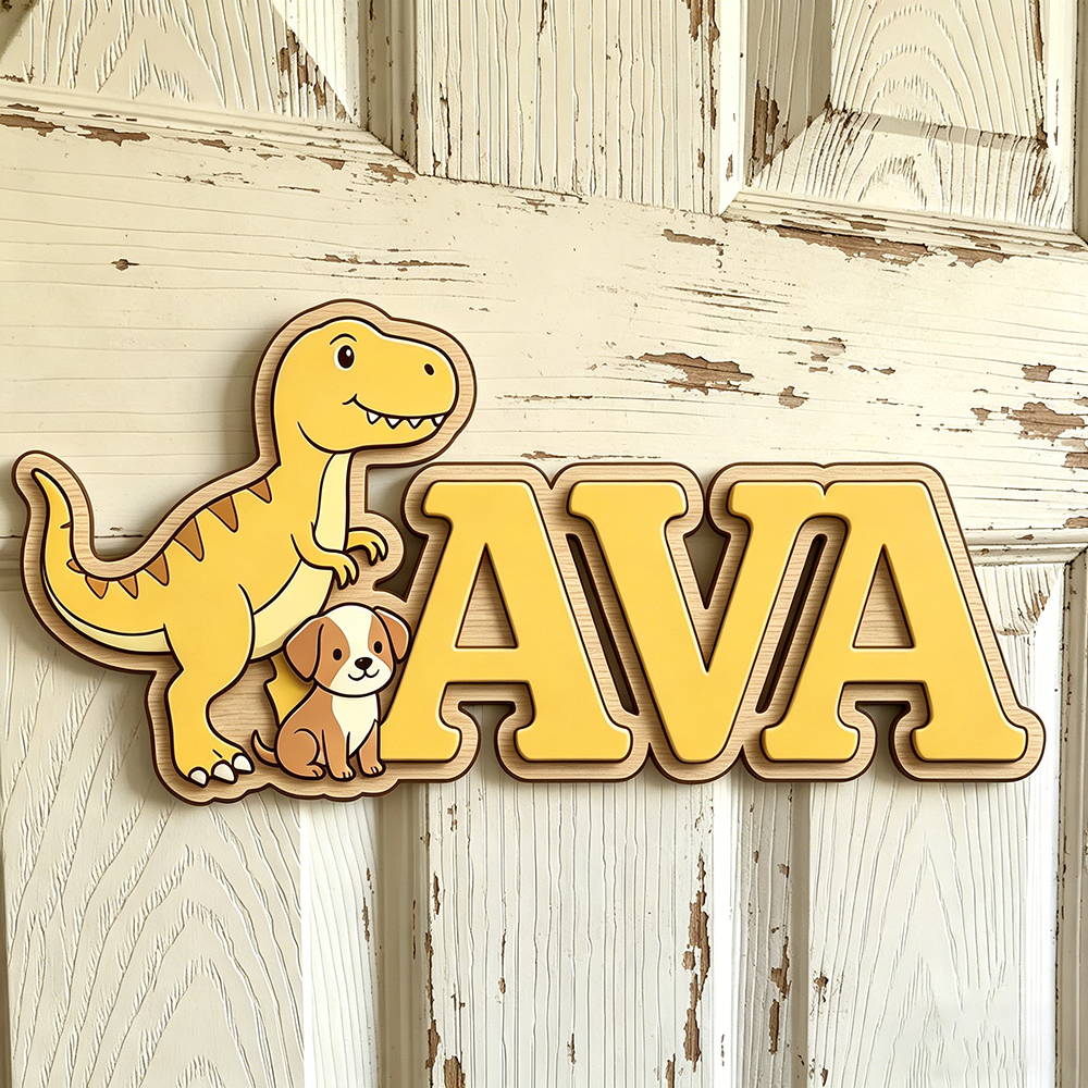 Custom T-Rex & Puppy Kids Name - Baby Nursery Neutral ulasan dan harga