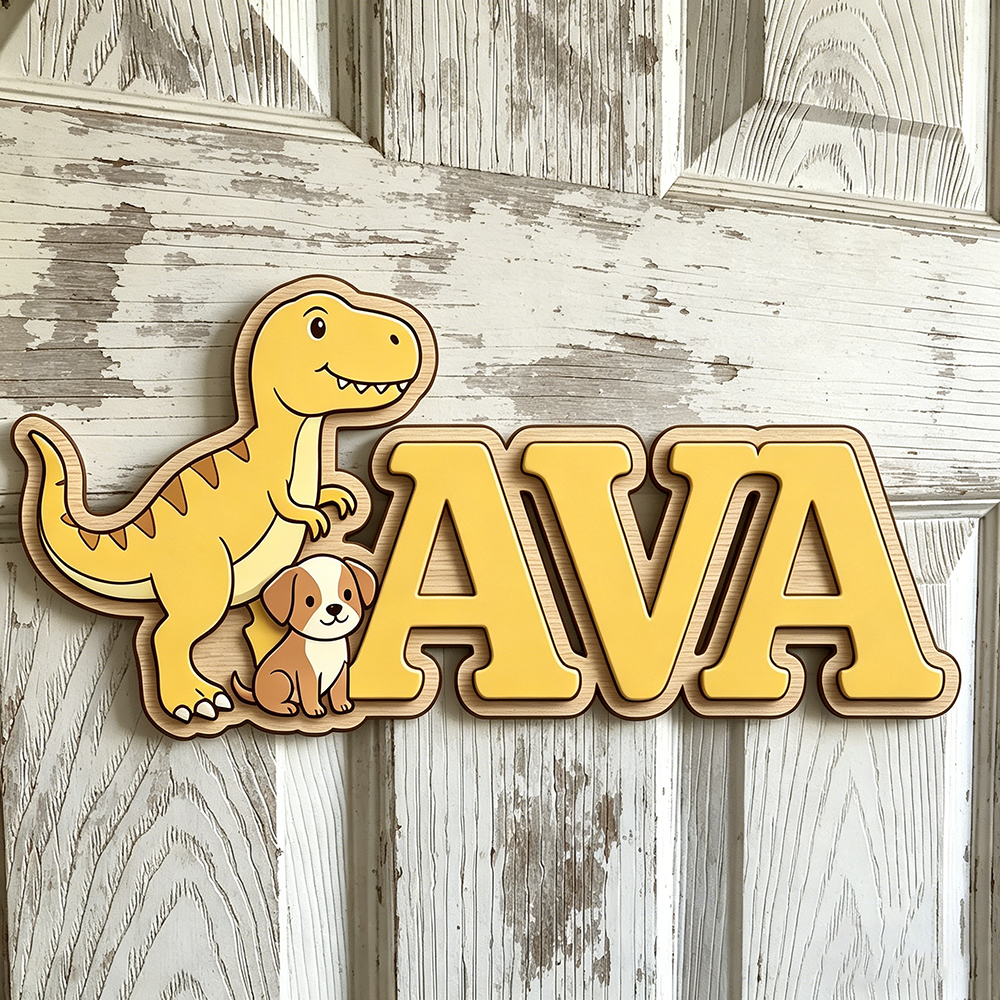 Custom T-Rex & Puppy Kids Name - Baby Nursery Neutral ulasan dan harga